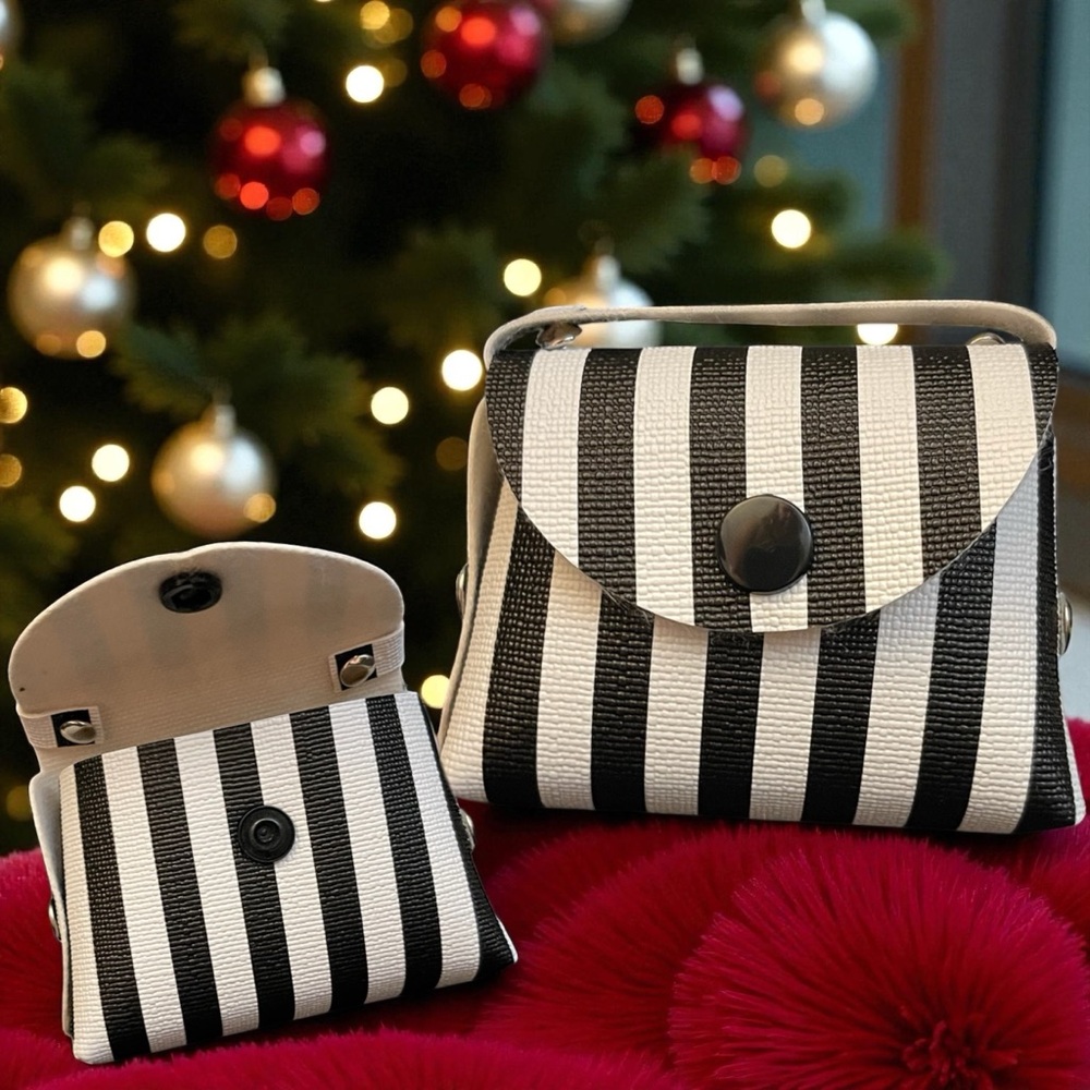 Hand Made Black/White Stripe Mini Bag Set – AirPod Holder + Coin Purse